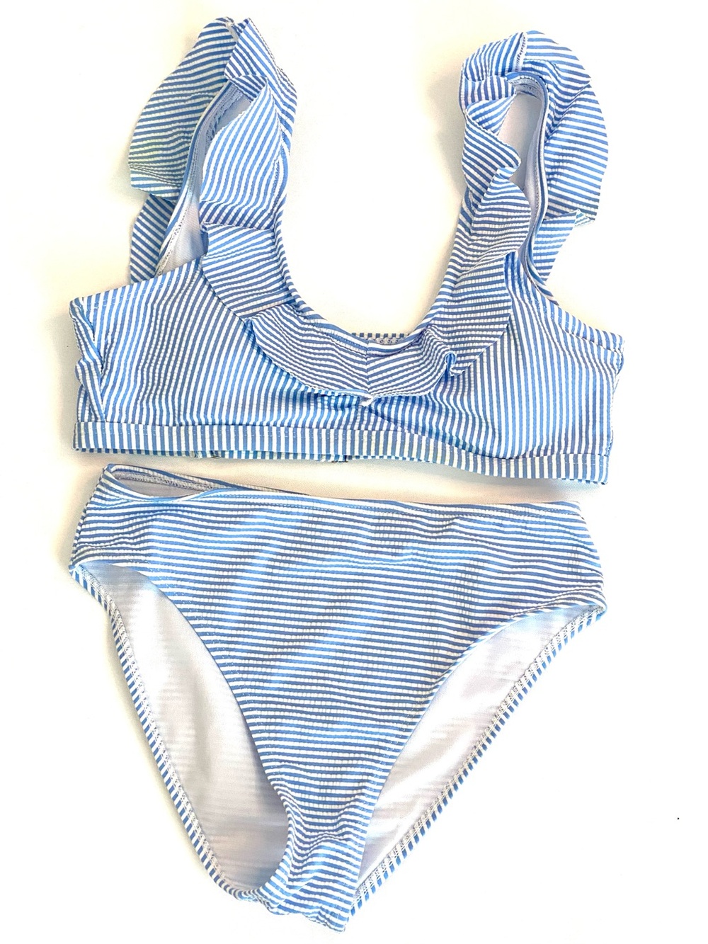 Girls Seersucker Bikini Size 13 Blue White Stripe Ruffle Swim Set Coastal Preppy